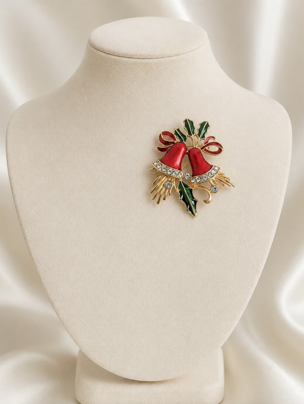 Vintage Red Enamel Christmas Bell Rhinestone Brooch Pin